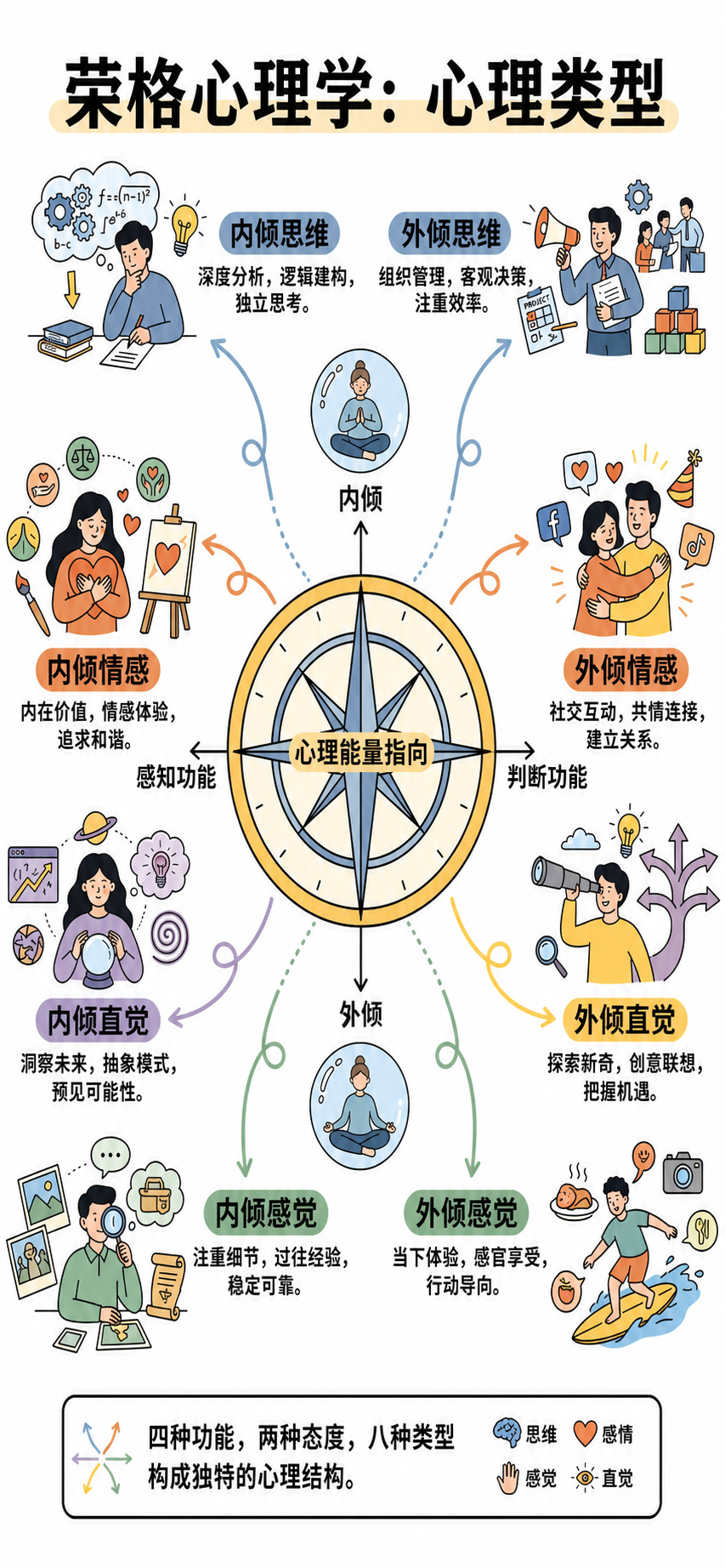 荣格心理类型：两种态度与四种心理功能示意图